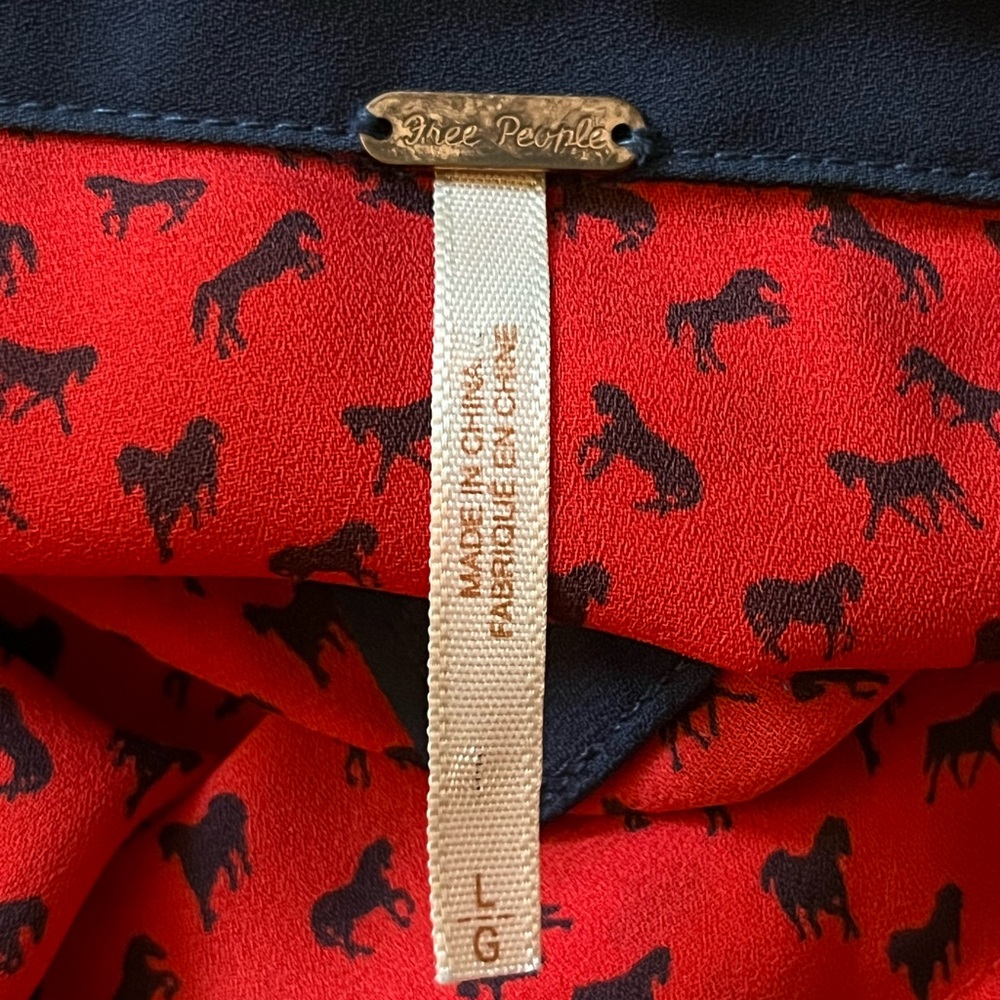 Free People Red Blouse Blue Equestrian Horses Blouse - Picture 7 of 11